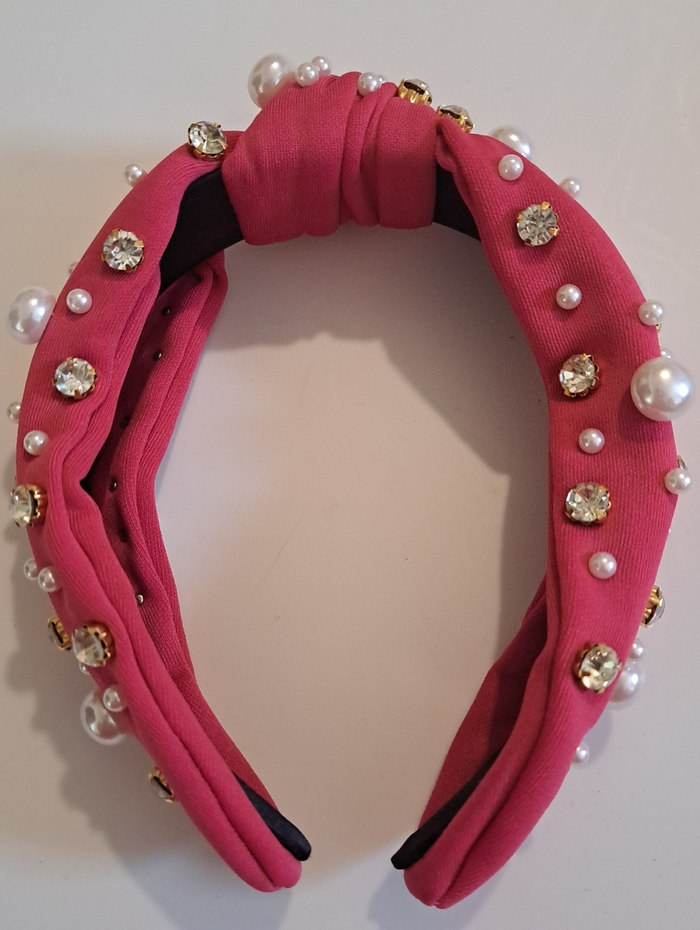 Rose Pink Faux Pearl & Rhinestone Knotted Headband - Wide, Solid Color